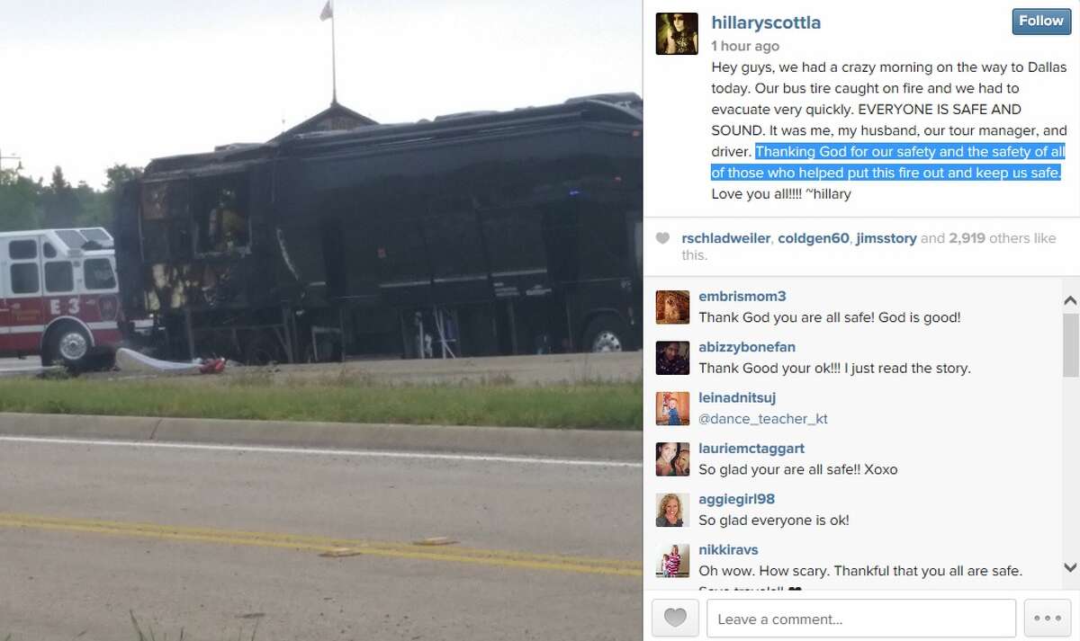 This screenshot from Twitter shows a scorched tour bus that belongs to country group Lady Antebellum. Singer Hillary Scott posted a photo of the torched bus on Instagram earlier, stating that no one was hurt in the fire. She added that she, her husband (who is the band’s drummer), their tour manager and the driver were on their way to Dallas.