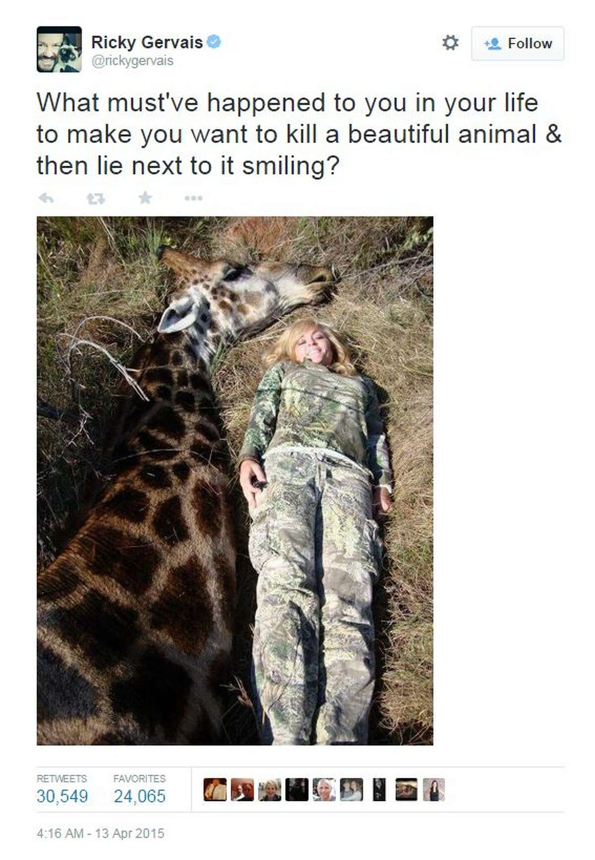 Rebecca Francis is seen here with a giraffe she recently killed in Africa. She said the animal was close to dying and she honored the animal by killing him. But she's receiving a lot of flak for the photos and killing.
