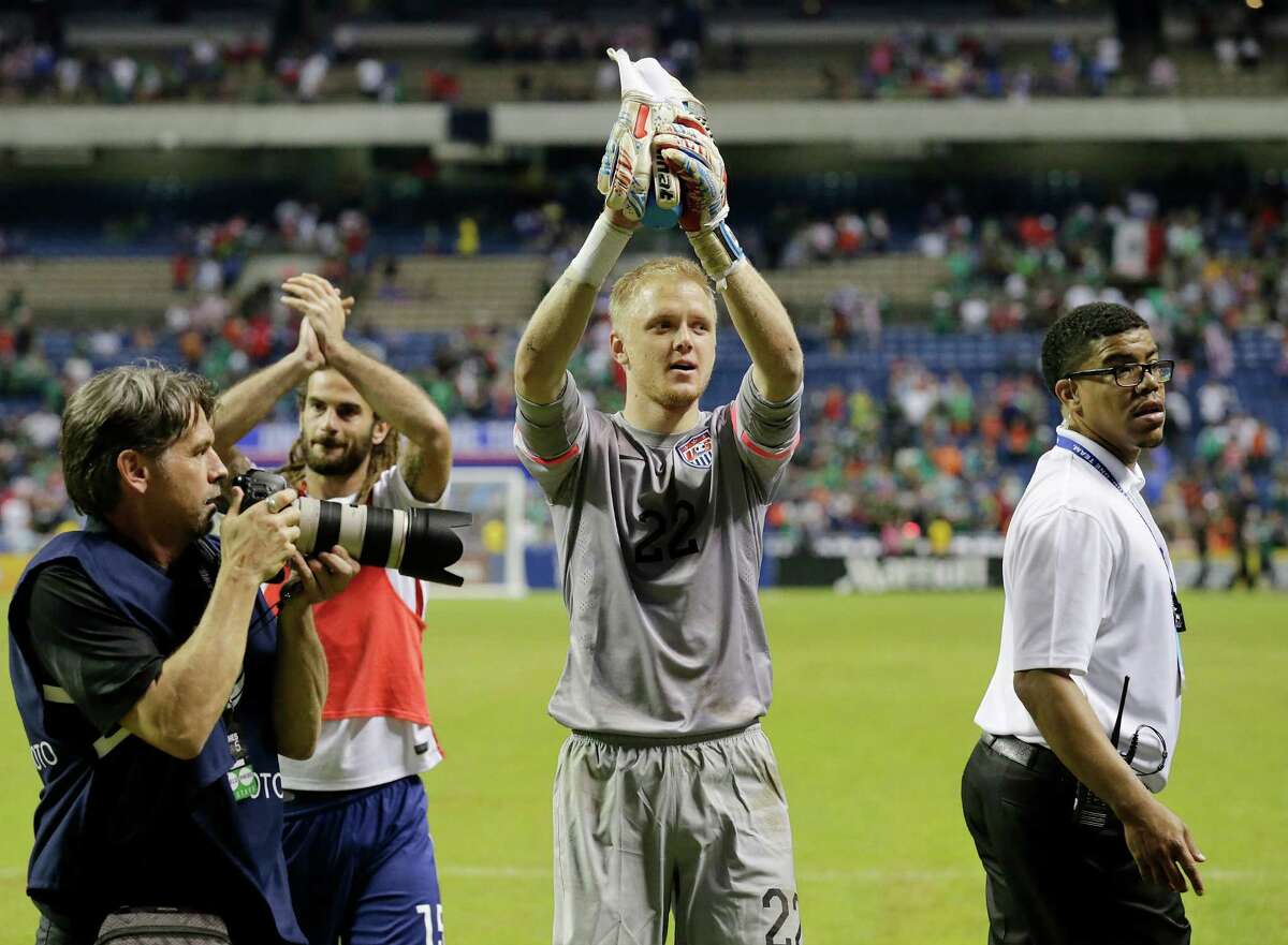 United States' goalkeeper William Yarbrough (22) applauds fans after the international friendly soccer match against Mexico at the Alamodome on Wednesday, Apr. 15, 2015. The U.S. team defeated Mexico, 2-0.
