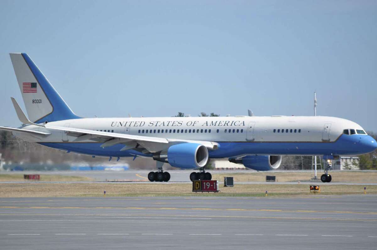 An Air Force Boeing 757 with state department markings performed touch-and-go landings at Albany International Airport Thursday afternoon while training in Colonie, N.Y. This type of plane is typically used by the Vice President. (Doug Myers, Albany International Airport)