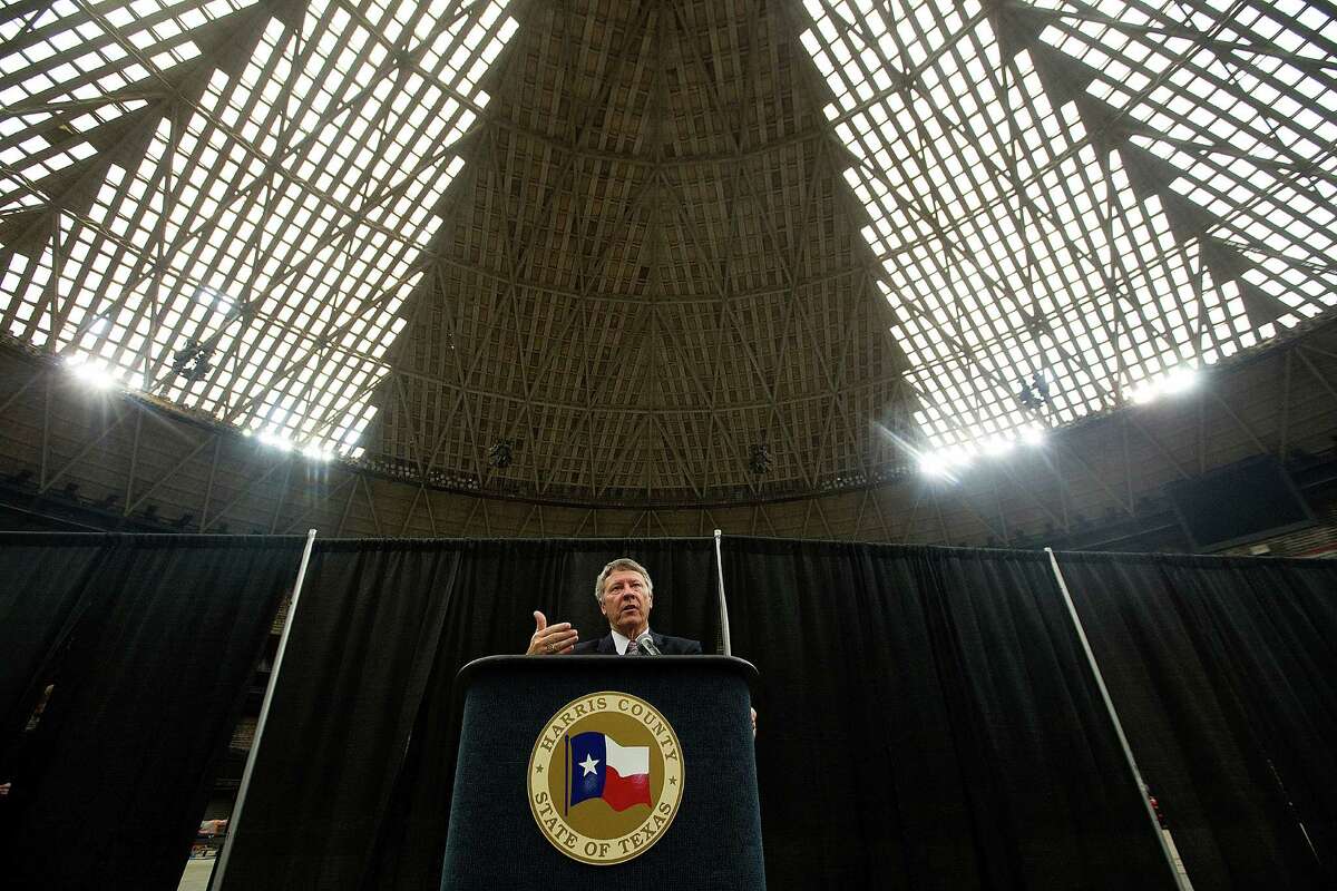 Harris County Judge Ed Emmett at a press conference on the floor of the Astrodome Tuesday, Aug. 26, 2014, in Houston.