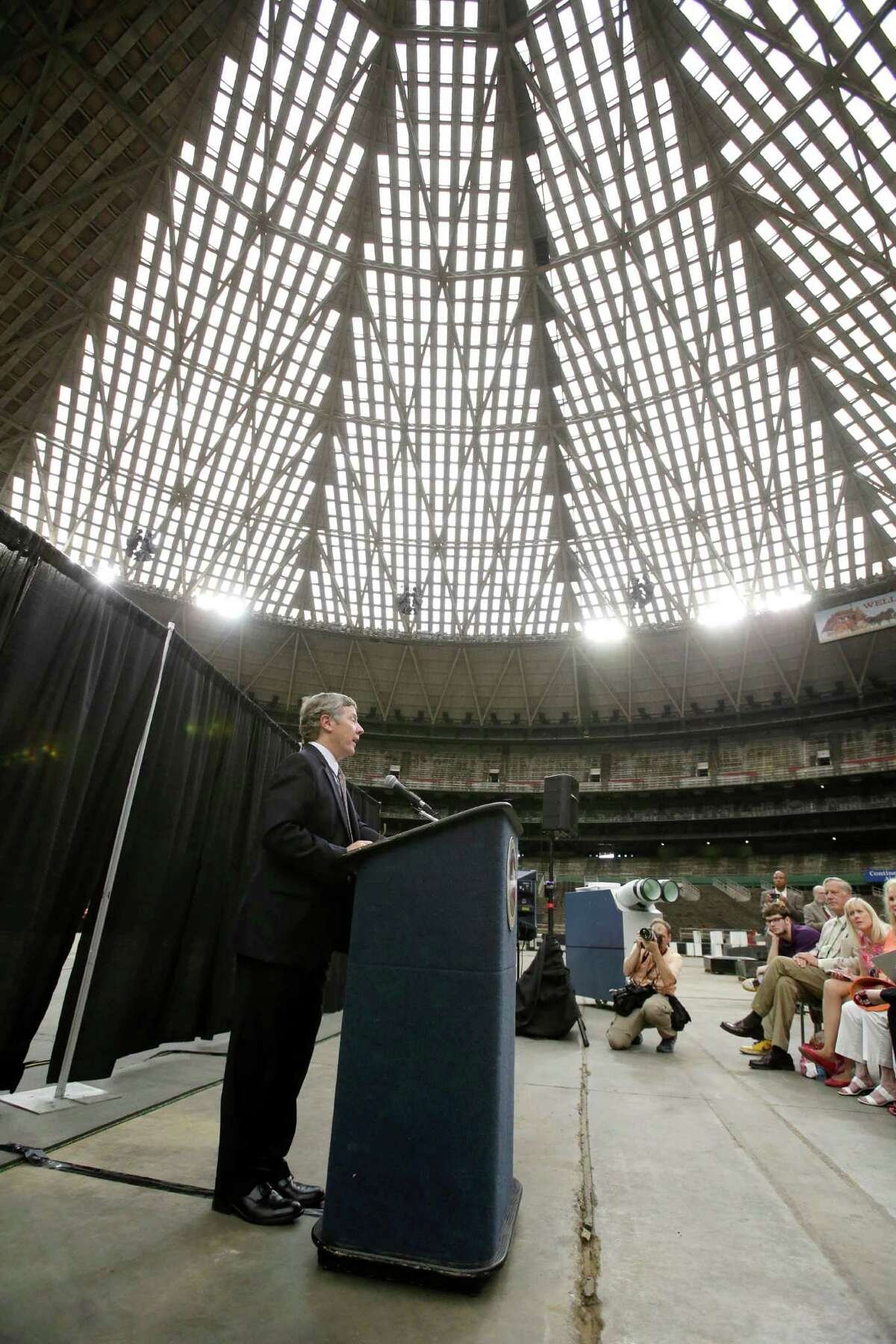 Harris County Judge Ed Emmett makes his suggestion to turn the Astrodome into the world's largest indoor park during a press conference at the historic domed stadium Tuesday, Aug. 26, 2014, in Houston. (AP Photo/Pat Sullivan)