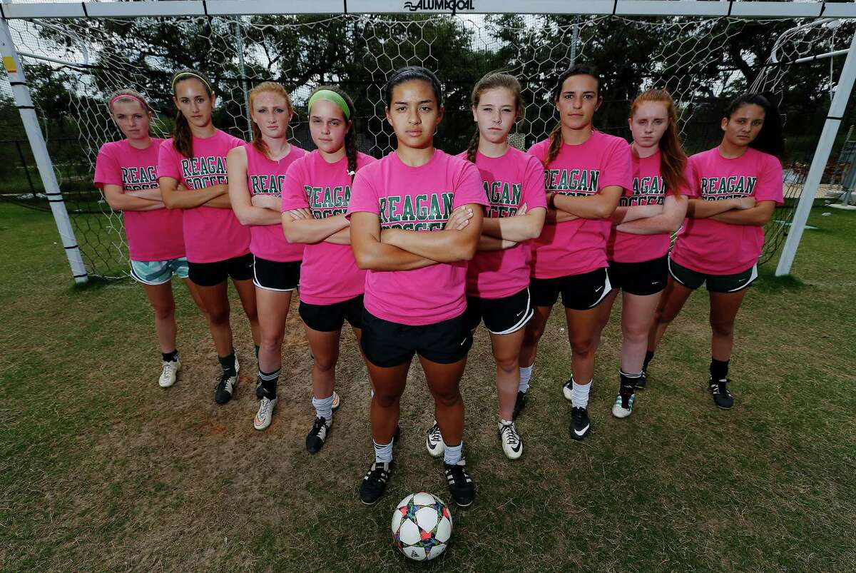 Reagan soccer reserves Megan Sherman (from left), Izabella Santos, Devyn Hagan, Alyson Lippincott, Sara Gates, Julia Thiel, Kayla McConnell, Hanna Harrington and Kendell Moody are part of the formidable group of players that have helped Reagan reach the state soccer tournament. Reagan will face off against Coppell on Friday.