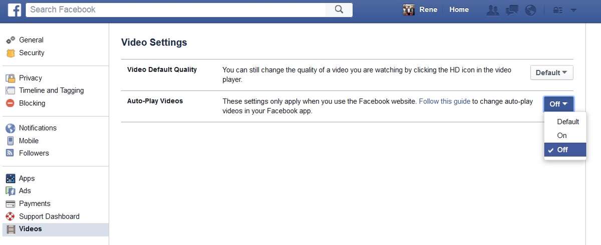 Facebook website screenshot showing how to turn off video auto-play.