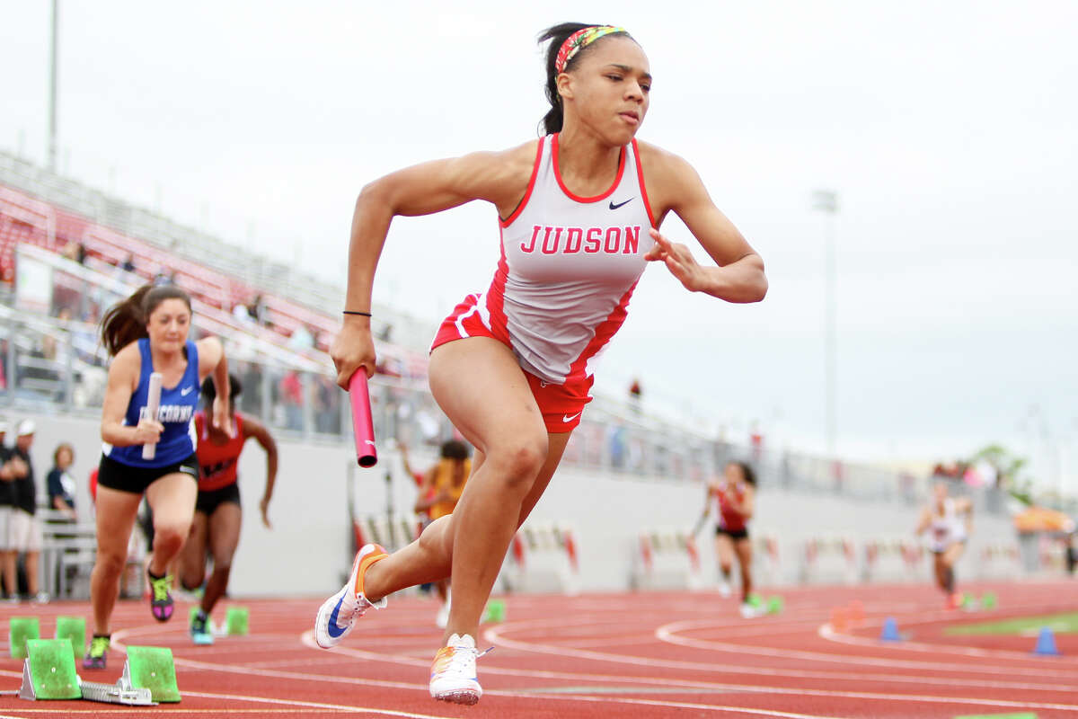 Judson's Konstance James leaves the blocks on the first leg of the 400-meter relay during the finals of the running events in the District 25-6A track and field meet at Rutledge Stadium on Friday, April 17, 2015. Judson won the event with a time of 47.08. MARVIN PFEIFFER/ mpfeiffer@express-news.net