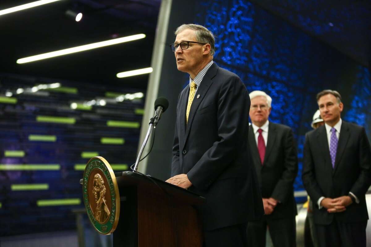 Governor Jay Inslee speaks during a tour of Sound Transit's new University of Washington Station . He is passionately promoting Sound Transit 3, the $54 billion package that would add 62 miles of light rail.  "We're not going to make the same mistake we did in the 1970's when we sent our subway system to Atlanta."(Joshua Trujillo, seattlepi.com)