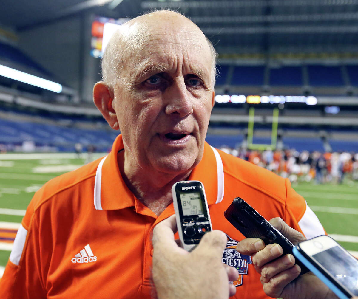 UTSA head coach Larry Coker answers questions from the media after the team’s Football Fiesta Spring Game on April 18, 2015 at the Alamodome.