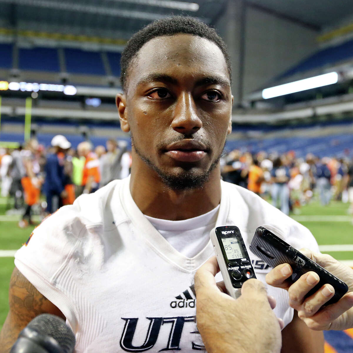UTSA's Jarveon Williams answers questions from the media after the team's Football Fiesta Spring Game held Saturday April 18, 2015 at the Alamodome.