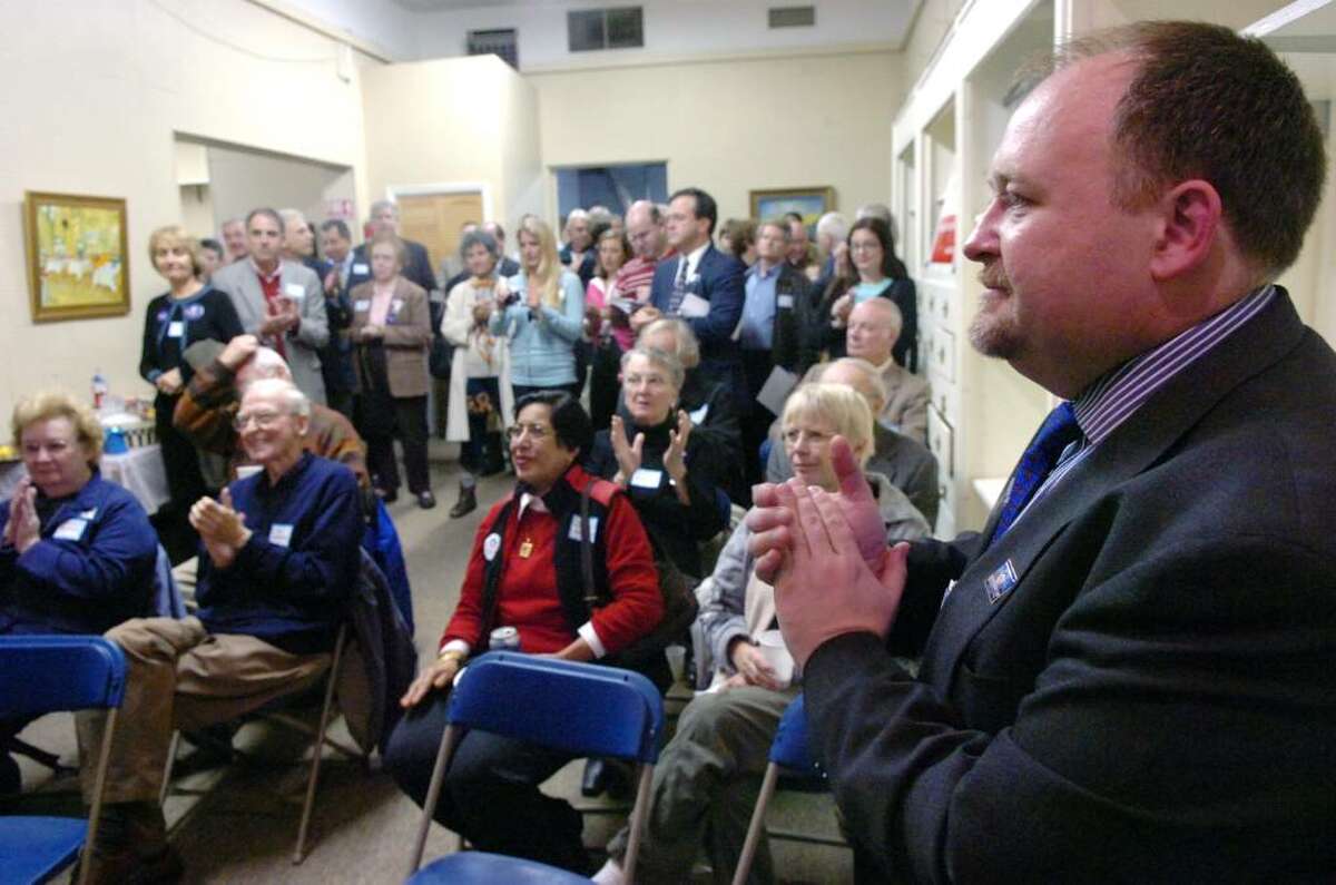 Dave Roberson, the Democratic Town Committee chairman, at the opening of the Greenwich Democratic Headquarters on Railroad Avenue in 2008. Roberson died in a car accident after leaving the RTM meeting Monday night.