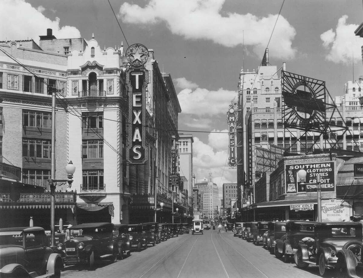 Certifiably historic The Majestic was listed on National Register of Historic Places in 1975 and designated a National Historic landmark in 1993. Photo: A view down Houston Street in 1930. The Texas Theater and the Gunter Hotel can be seen on the left and the Majestic Theatre is on the right.