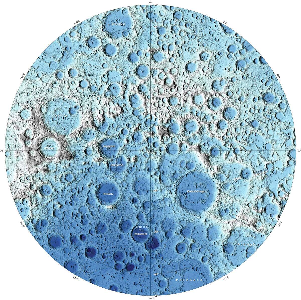 This image is part of a new series of high resolution images of the moon provided by the U.S. Geological Survey. This map of the moon's south polar region is based on data from the Lunar Orbiter Laser Altimeter.