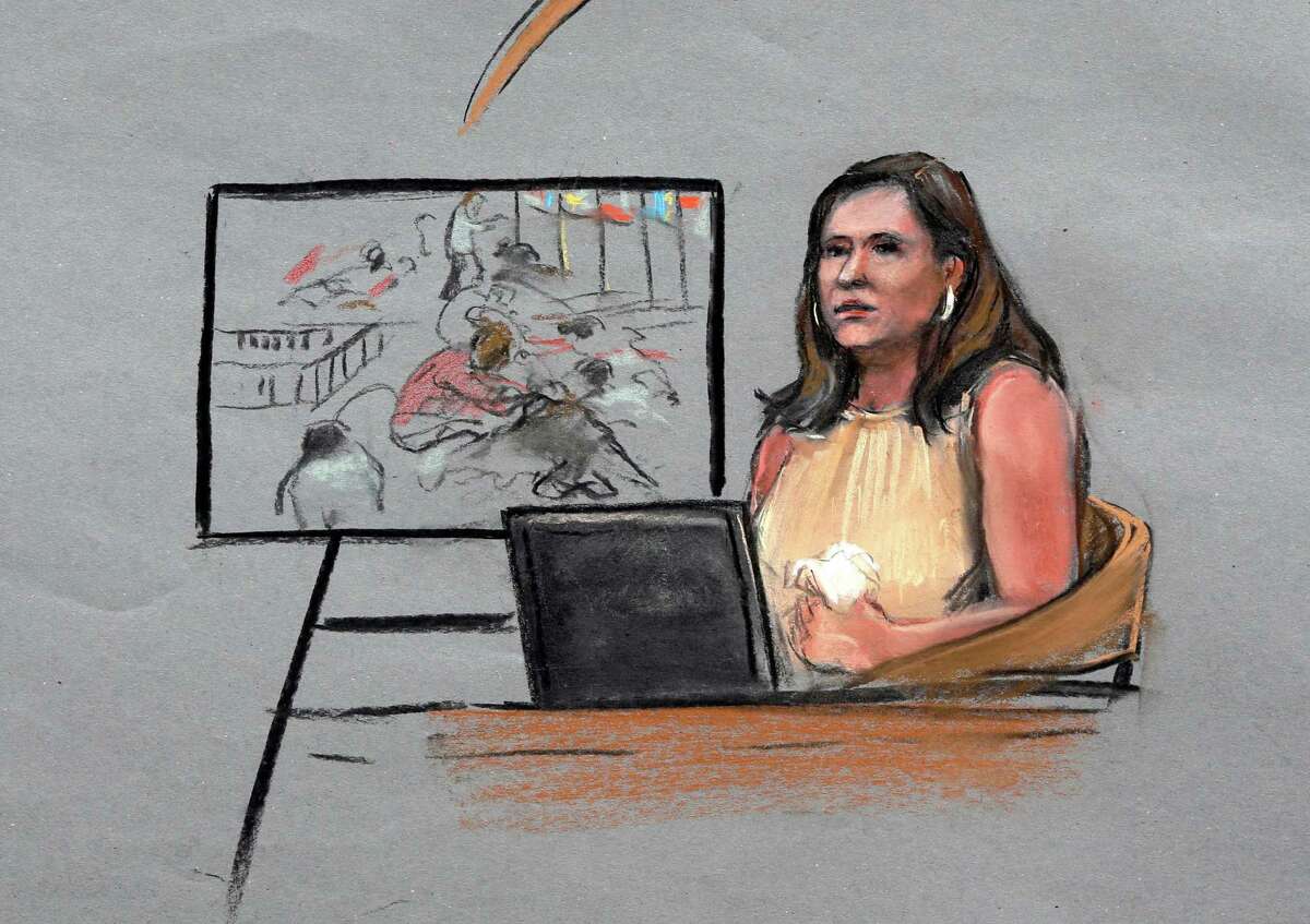 In this courtroom sketch, Boston Marathon bombing survivor Celeste Corcoran is depicted on the witness stand during the first day of the penalty phase in the trial of Boston Marathon bomber Dzhokhar Tsarnaev, Tuesday, April 21, 2015, in federal court in Boston. Corcoran lost both legs below the knee in the first explosion near the marathon finish line in 2013. (AP Photo/Jane Flavell Collins)