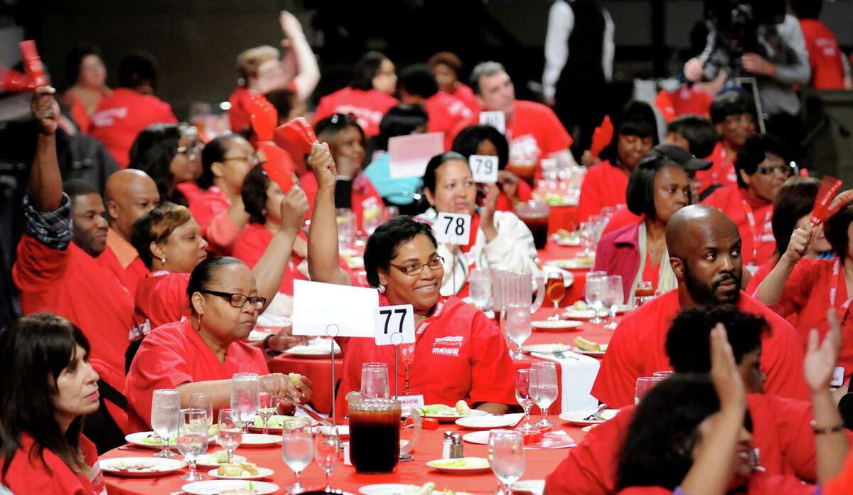 Members of the New York State Nurses Assoc. cheer during a rally to advocate for patients' healthcare needs on Tuesday, April 21, 2015, at the Empire State Plaza Convention Center in Albany, N.Y. (Cindy Schultz / Times Union)