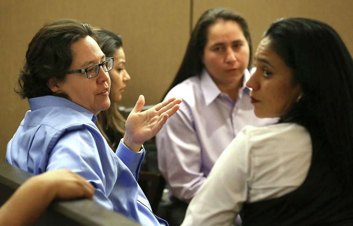 Four San Antonio women known as the SA Four, from left, Kristie Mayhugh , Elizabeth Ramirez, Anna Vasquez and Cassandra Rivera, are back in Bexar County Court to determine if they should be declared actually innocent of a sexual crime that they were found guilty of, or possibly sent back to prison. Wednesday, April 22, 2015.