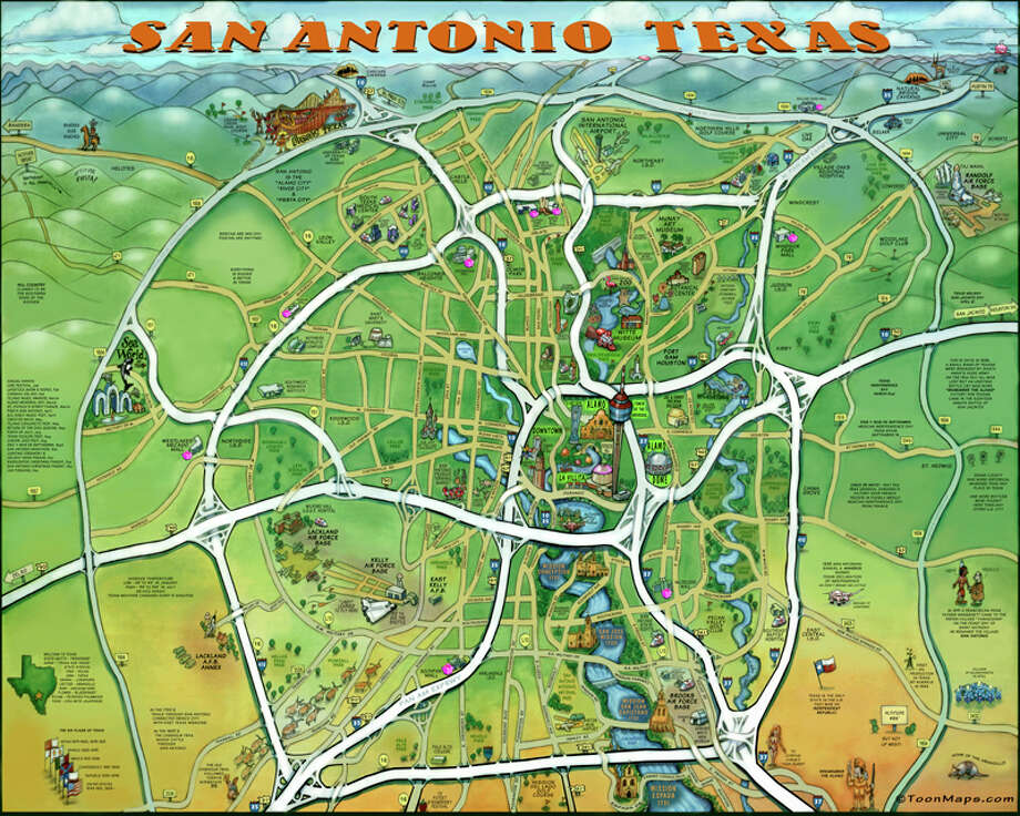 Map San Antonio Attractions This awesome caricature map of San Antonio features must visit 