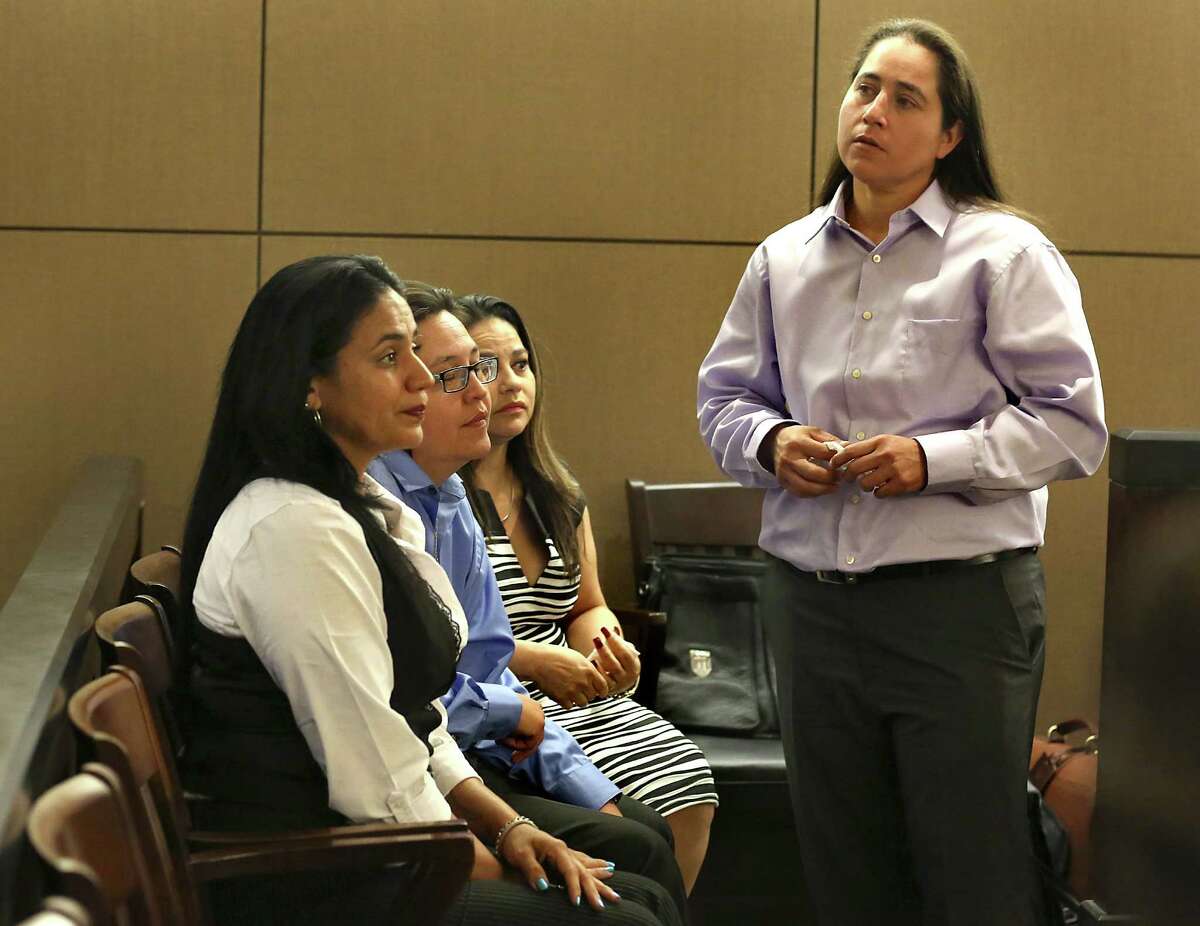 Four San Antonio women known as the SA Four, Anna Vasquez, right to left, Elizabeth Ramirez, Kristie Mayhugh and Cassandra Rivera, are back in Bexar County Court to determine if they should be declared actually innocent of a sexual crime that they were found guilty of, or possibly sent back to prison. Wednesday, April 22, 2015.
