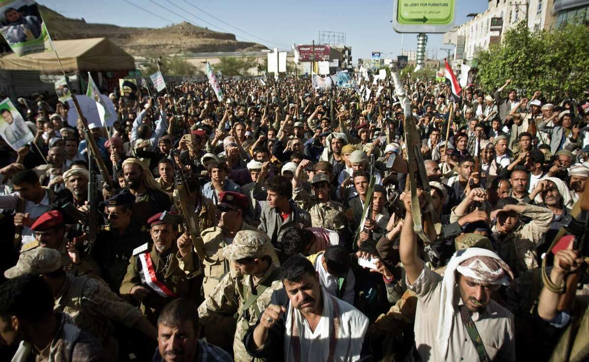 Shiite rebels known as Houthis join in a protest to denounce the Saudi airstrikes on Wednesday in Sanaa, Yemen. The Shiite rebels﻿ said they would welcome United Nations-led talks to find a political solution to the conflict. ﻿