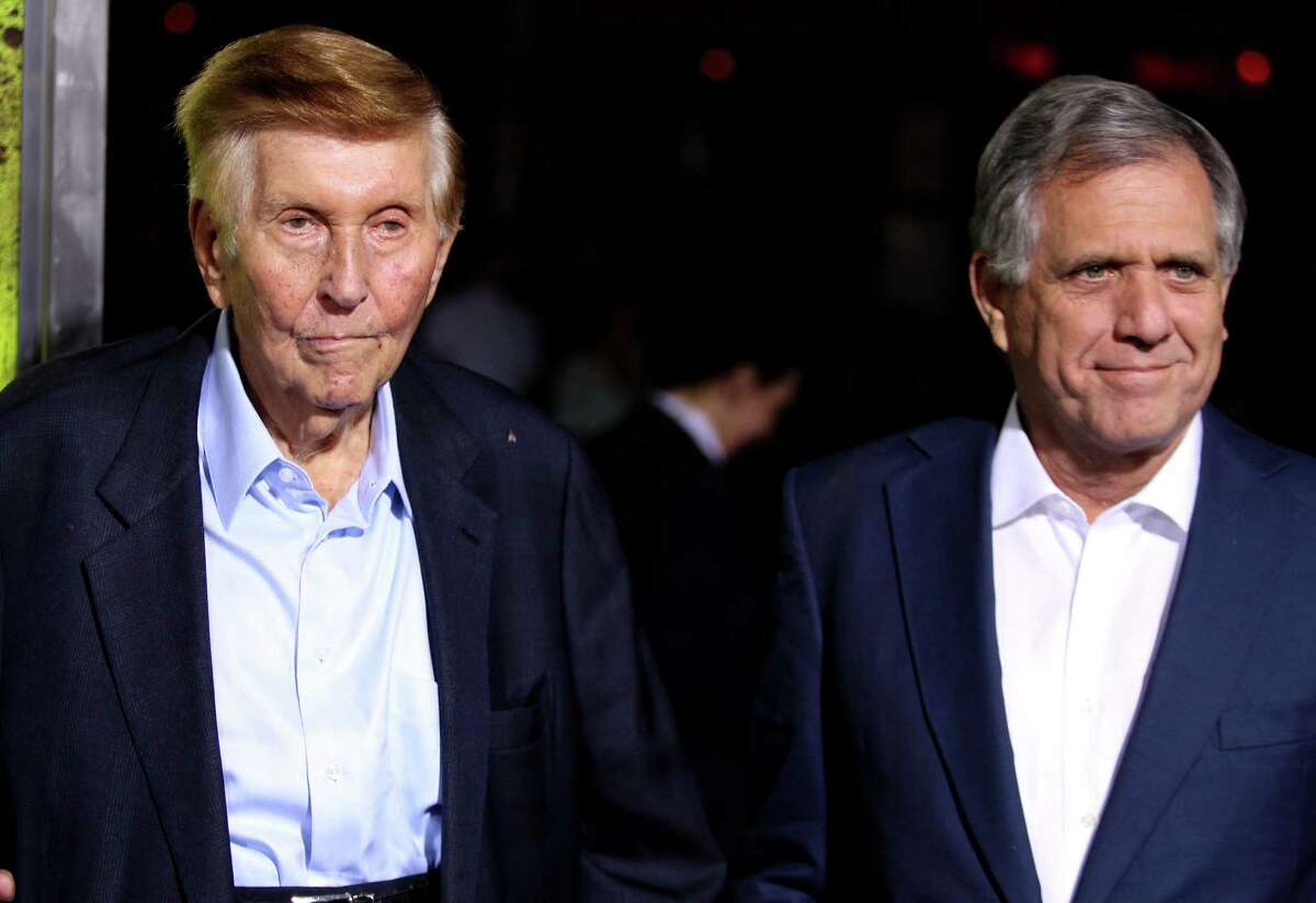 Sumner Redstone, left, and Leslie Moonves attend the premiere of "Seven Psychopaths" at the Bruin Theatre on Monday, Oct. 1, 2012, in Los Angeles. (Photo by Matt Sayles/Invision/AP)