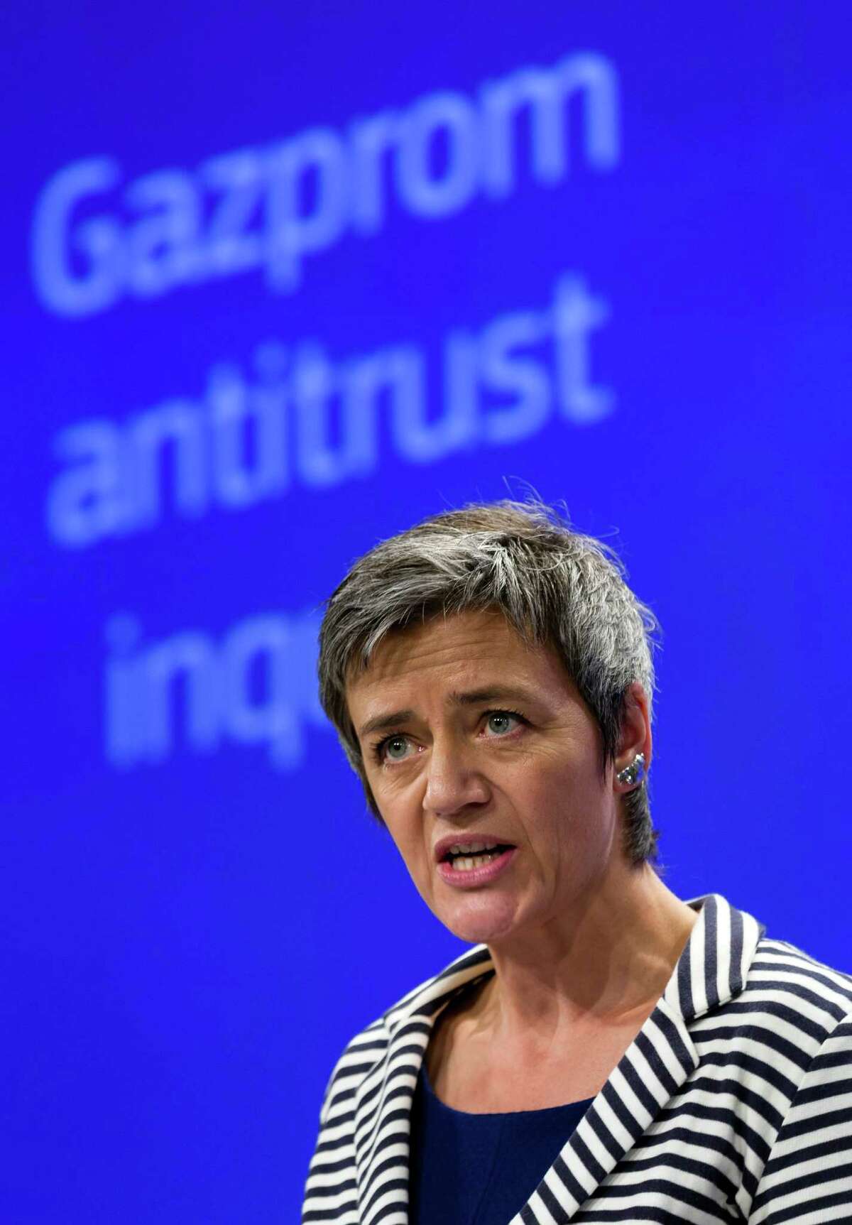 European Commissioner for Competition Margrethe Vestager speaks during a media conference at EU headquarters in Brussels on Wednesday, April 22, 2015. The European Union on Wednesday opened an antitrust case against Russia's state-controlled Gazprom energy giant amid worsening relations between Brussels and Moscow. (AP Photo/Thierry Monasse)