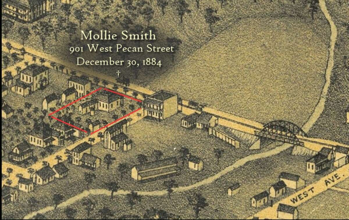 Mollie Smith , 25, was murdered at 901 W. Pecan Street, at the residence of W.K. Hall. Smith was allegedly attacked with an axe, raped, dragged into the backyard and killed on Dec. 30, 1884. Source: Servantgirlmurders.com