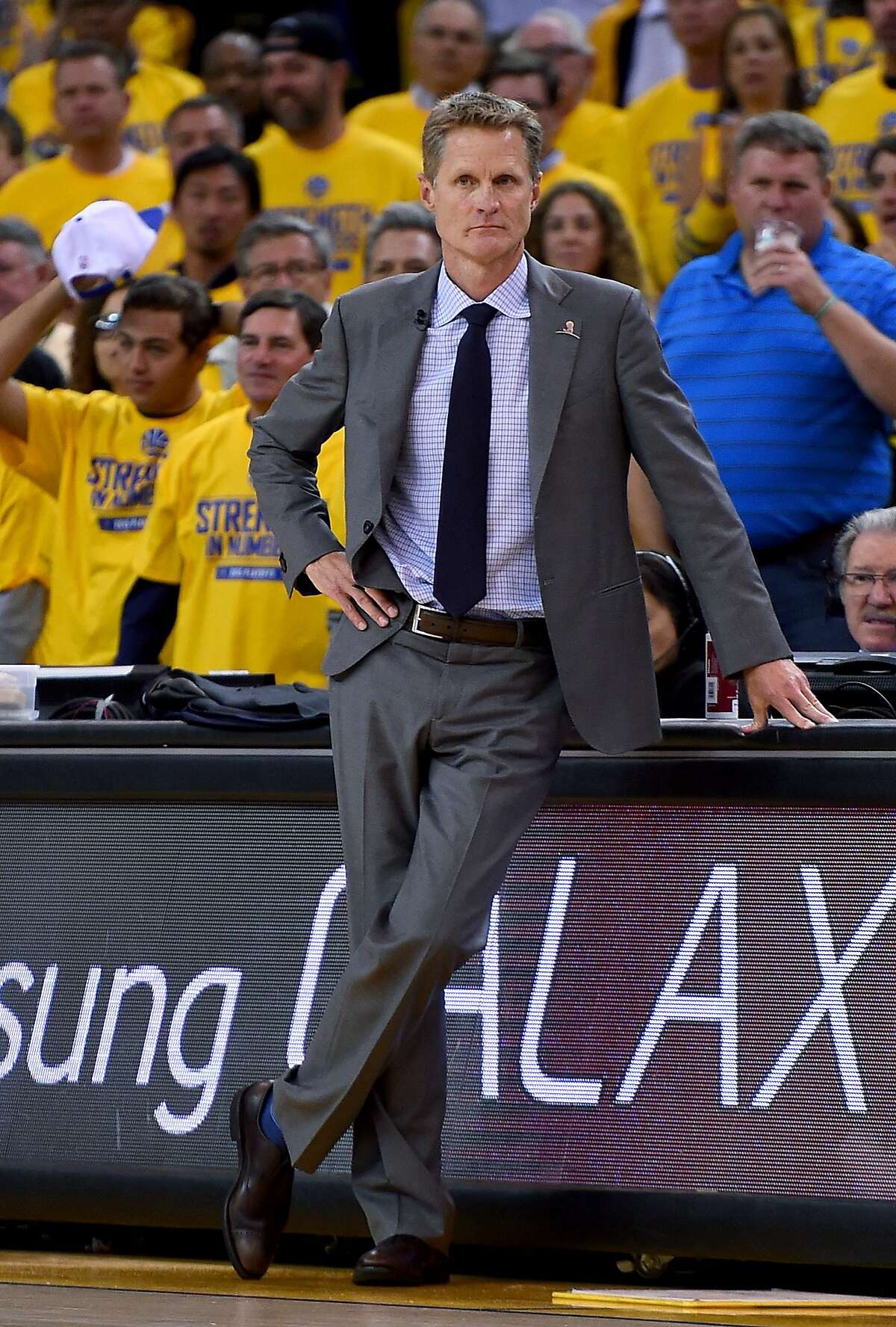 OAKLAND, CA - APRIL 20: Head coach Steve Kerr of the Golden State Warriors looks on against the New Orleans Pelicans in the second quarter during the first round of the 2015 NBA Playoffs at ORACLE Arena on April 20, 2015 in Oakland, California. NOTE TO USER: User expressly acknowledges and agrees that, by downloading and or using this photograph, User is consenting to the terms and conditions of the Getty Images License Agreement. (Photo by Thearon W. Henderson/Getty Images)