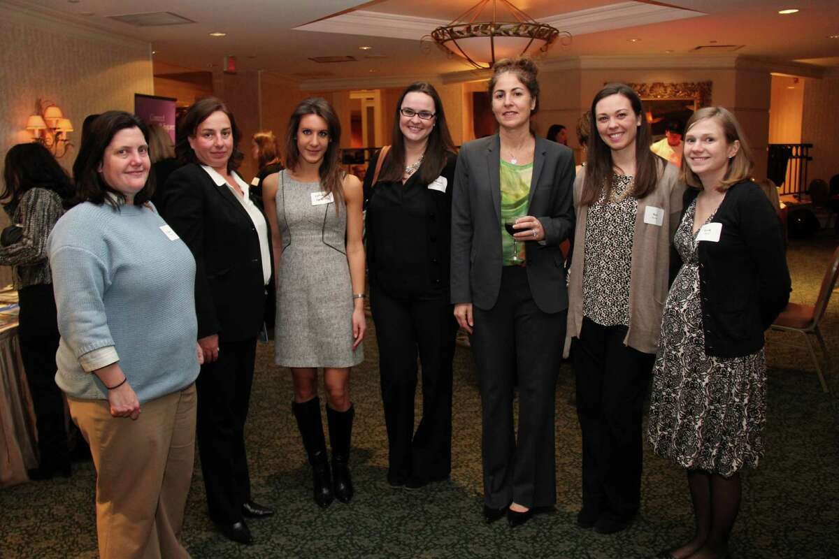 From left, Colleen Triglianos, Bela Sojina, Katherine Kardaras, Morgan Nelson, Fran Barry, Keri Kaicher and Emilie Merel attend the third annual Women Empowering Women Forum at the Stamford Marriott Hotel and Spa, held in February 2015. Money raised benefited the The Center for Sexual Assault Crisis Counseling and Education.