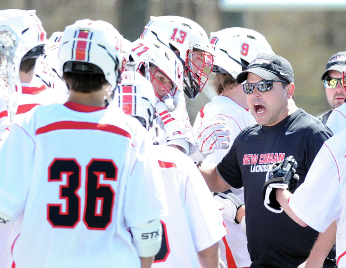 New Canaan High School boys lacrosse coach Chip Buzzeo during the boys high school lacrosse match between Greenwich High School and New Canaan High School at New Canaan, Conn., Saturday, April 25, 2015. Greenwich won the match, 13-10.
