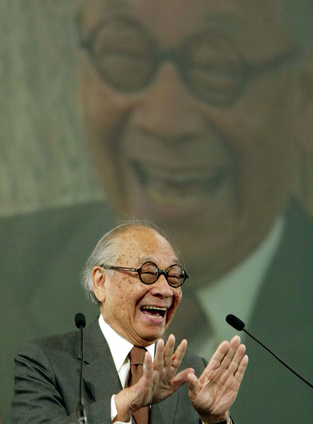 Architect I.M. Pei gestures as he speaks after receiving a 2004 Ellis Island Family Heritage award Wednesday, April 21, 2004, at Ellis Island in New York. Pei, born in China, came to America from Shanghai in 1935 to attend the Massachuesetts Institute of Technology. He entered the United States aboad the S.S. Preisdent Coolidge from San Francisco. Ellis Island was the main East Coast entry point for immigrants from 1897 and 1938.(AP Photo/Kathy Willens)