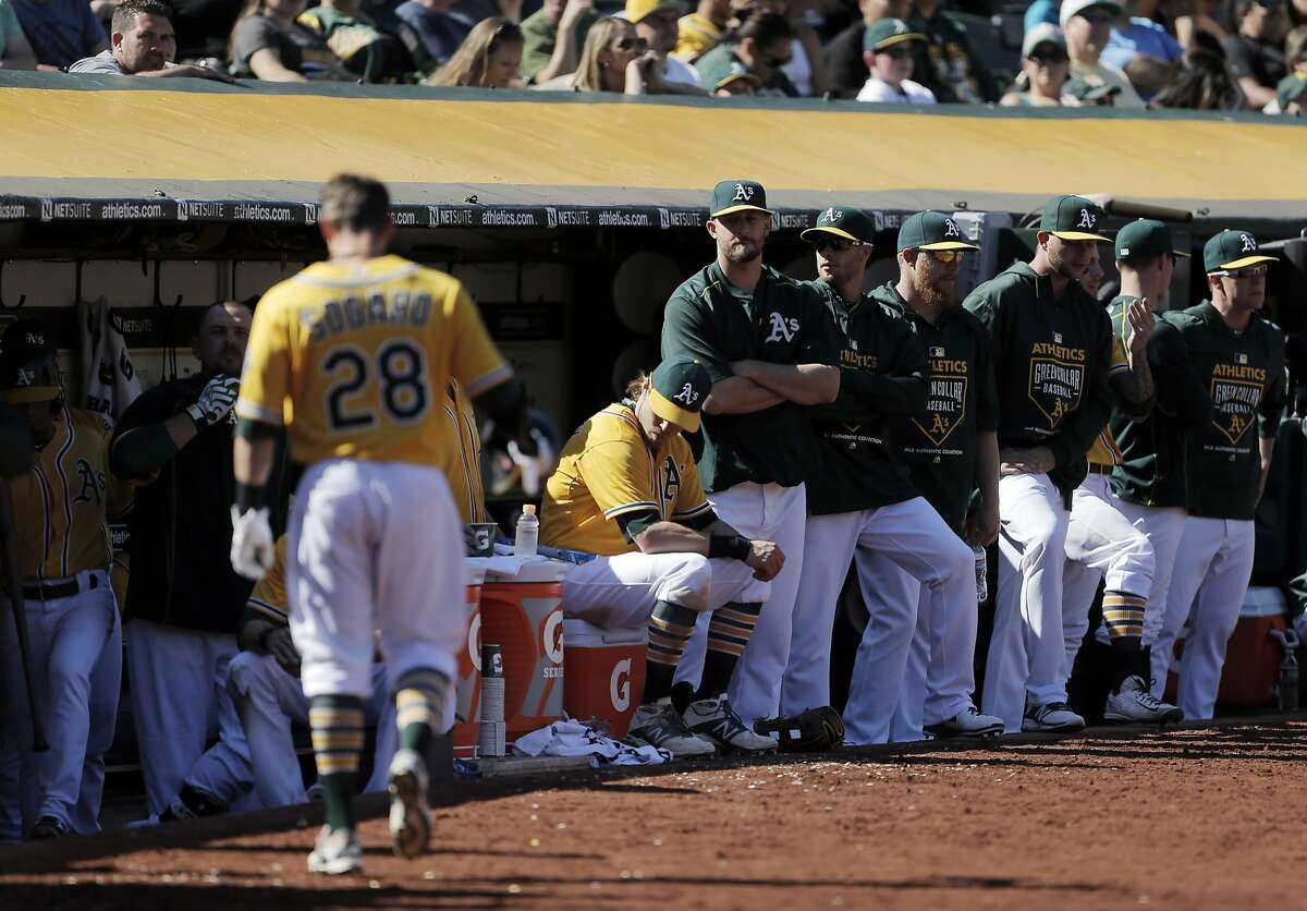 A's in the dugout in the final at bats of the ninth inning while trailing 7-6 to the Astros. The Oakland Athletics played the Houston Astros at O.co Coliseum in Oakland, Calif., on Sunday, April 26, 2015. The Astros won 7-6.