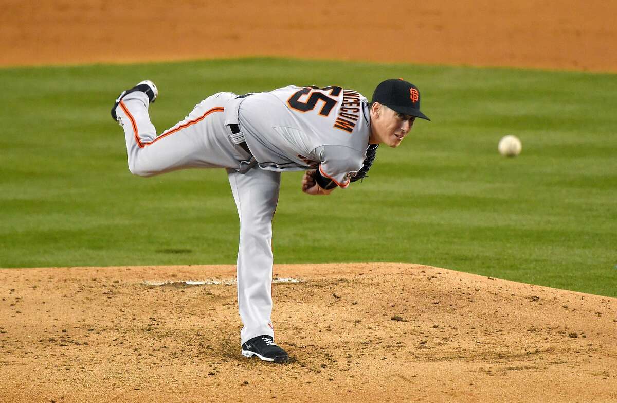 San Francisco Giants starting pitcher Tim Lincecum throws to the plate during the second inning of a baseball game against the Los Angeles Dodgers, Monday, April 27, 2015, in Los Angeles. 