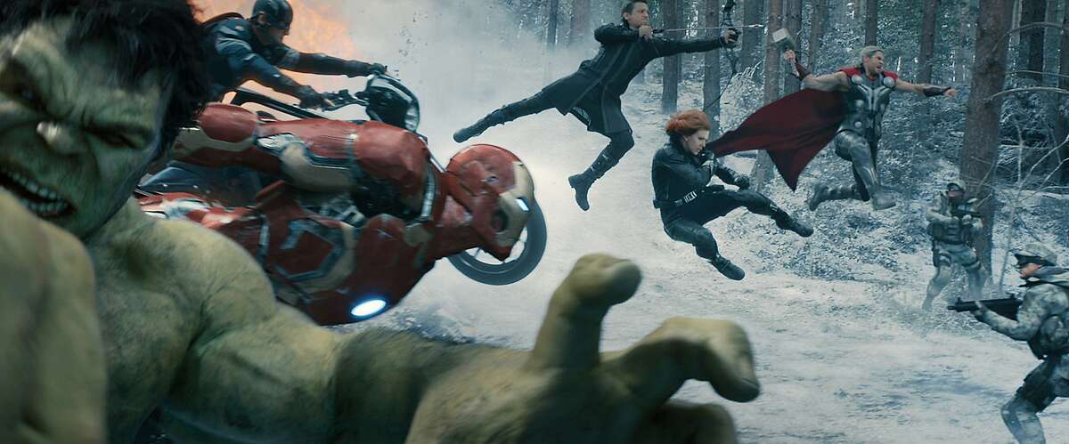 Hulk (Mark Ruffalo), Captain America (Chris Evans), Iron Man (Robert Downey Jr.), Hawkeye (Jeremy Renner), Black Widow (Scarlett Johansson), and Thor (Chris Hemsworth) in "Avengers: Age of Ultron." (Photo courtesy Marvel/TNS)