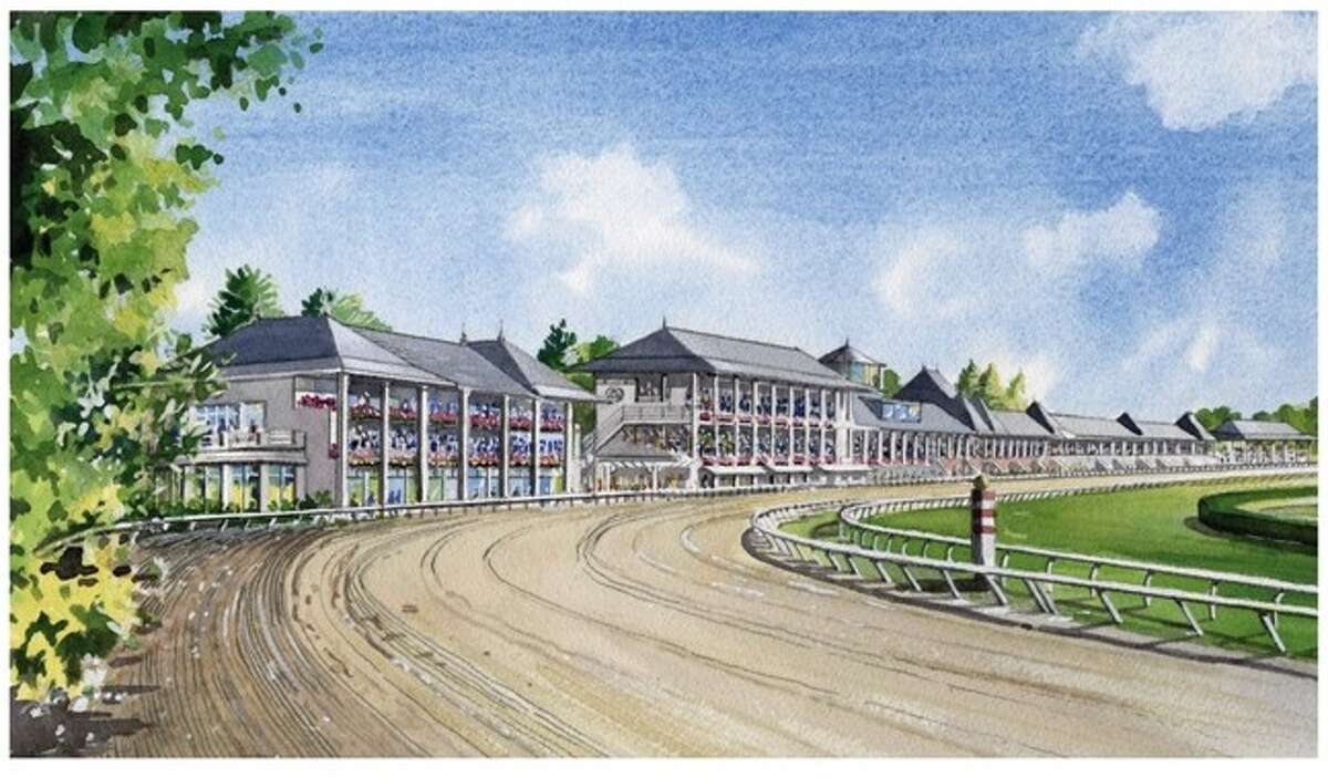 The last building on the left is the New York Racing Association's centerpiece proposal for a major construction project at the track. The three-story building would hold a 500-seat hospitality room, and more than a dozen suites. (Courtesy: New York Racing Assocation)