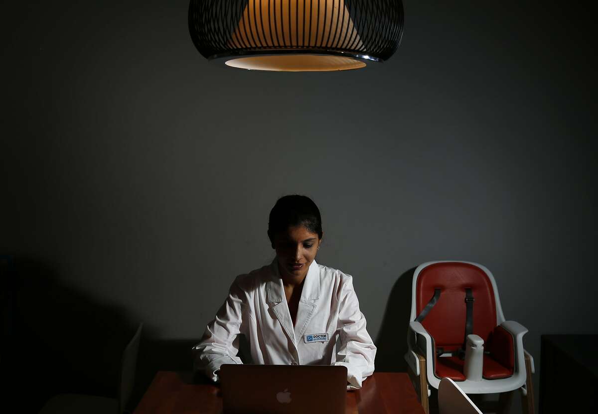 Dr. Raveena Rihal pictured in her home work environment where she works for Doctor on Demand April 29, 2015 in San Francisco, Calif. Rihal has a young son and likes the fact that she can work from home and still spend time with him throughout the day.