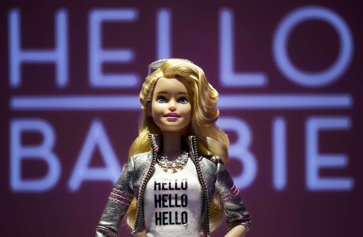 Hello Barbie is displayed at the Mattel showroom at the North American International Toy Fair, Saturday, Feb. 14, 2015 in New York. Mattel, in partnership with San Francisco startup ToyTalk, will release the Internet-connected version of the doll that has real conversations with kids in late 2015. (AP Photo/Mark Lennihan)