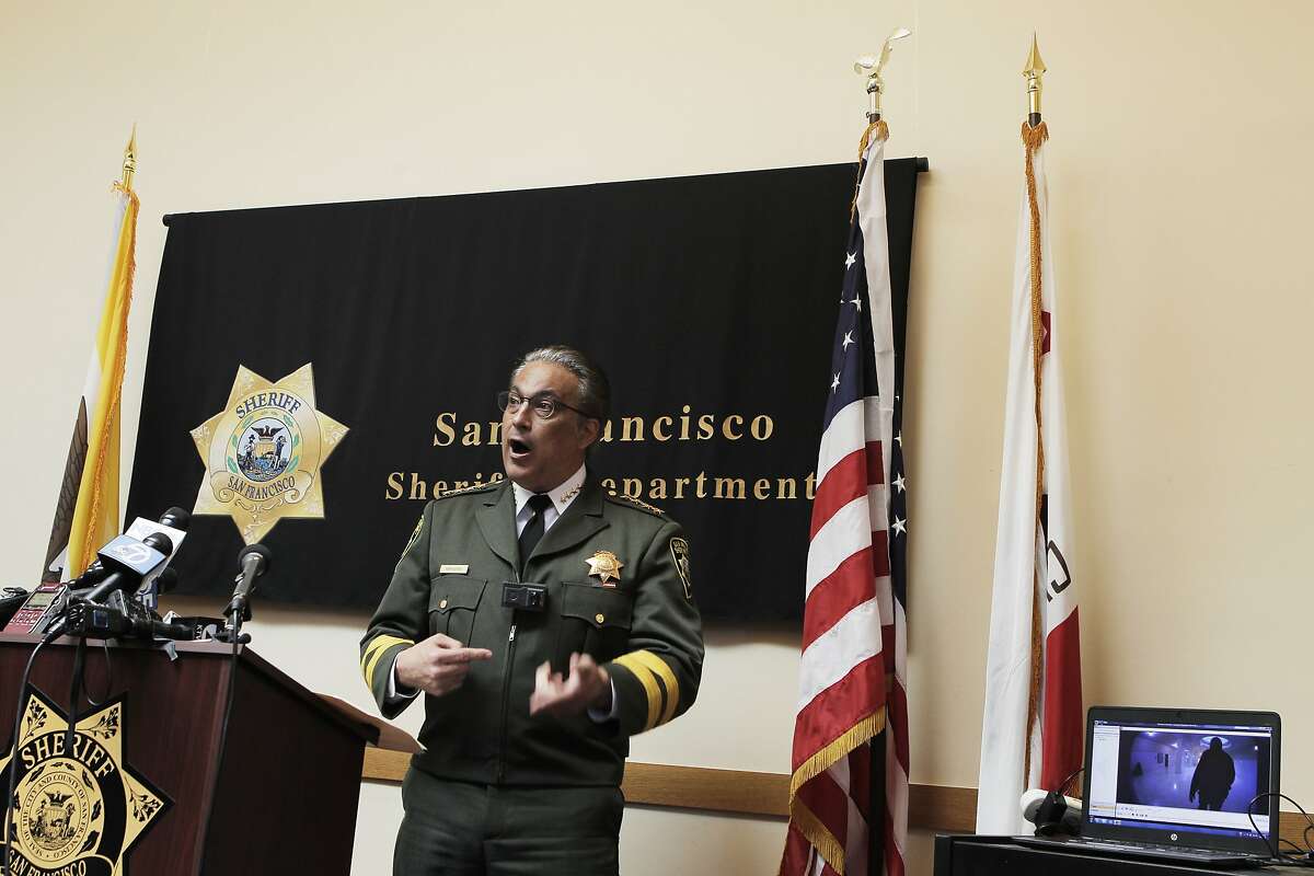 San Francisco Sheriff Ross Mirkarimi shows off and explains the capabilities of a police body camera for a news conference in City Hall San Francisco, Calif., Thursday April 30, 2015.