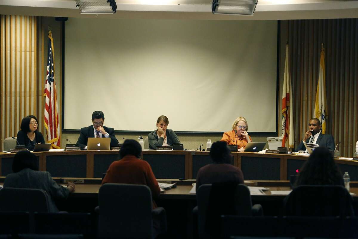 Emily Murase (l to r), school board president; Richard Carranza (l to r), superintendent San Francisco Unified School District; Rachel Norton, school board member; Jill Wynns, school board member; and Shamann Walton, school board member; are seen during board discussion at a meeting of the Board of Education Augmented Ad Hoc Committee on Student Assignment in the Irving G. Breyer Board Meeting Room on Monday, April 13, 2015 in San Francisco, Calif.