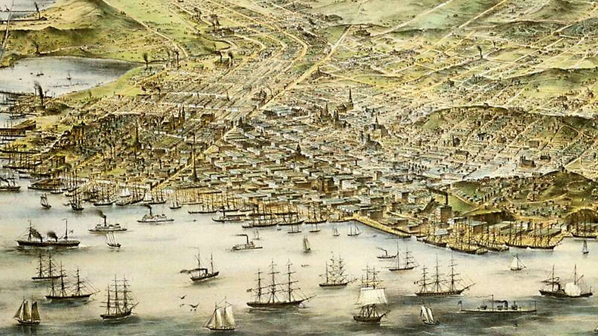 A bird's eye view map of San Francisco in 1873.