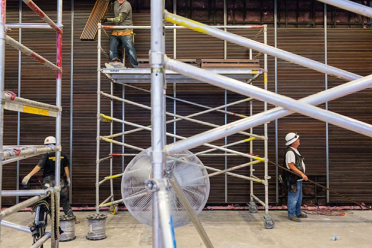 Constructions crews work to finish the new American Conservatory Theater which officially opens on May 14 on Market Street in San Francisco, Thursday, April 30, 2015. Here a black box theater upstairs.
