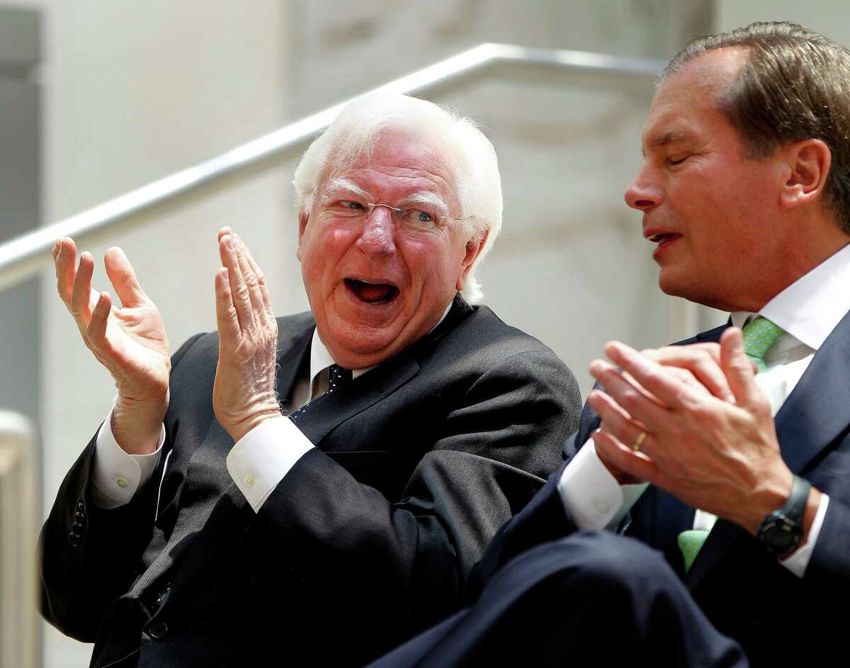 Former Governor of Texas Mark White, left, chats with former Lieutenant Governor of Texas David Dewhurst during ceremonies at Baylor College of Medicine for the Cullen Building being dedicated as a Texas Historic Landmark on Friday, May 1, 2015, in Houston.