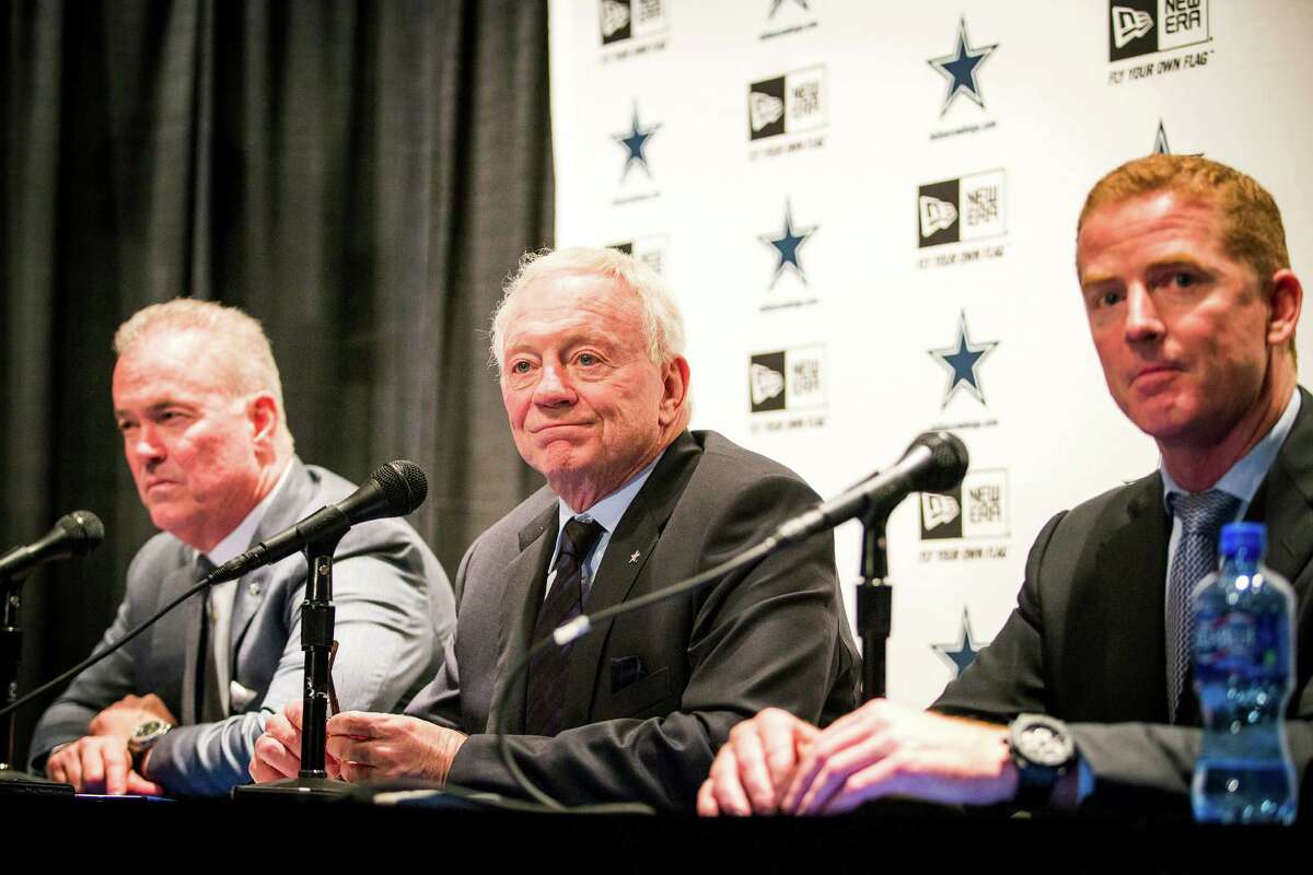 Dallas Cowboys executive vice president/COO Stephen Jones, left, owner Jerry Jones, center, and head coach Jason Garrett address the media to discuss their first round pick of UConn cornerback Byron Jones on the first day of the NFL Draft, Thursday, April 30, 2015, in Irving, Texas. (Smiley N. Pool/The Dallas Morning News via AP) MANDATORY CREDIT, NO SALES, MAGS OUT, TV OUT, INTERNET USE BY AP MEMBERS ONLY