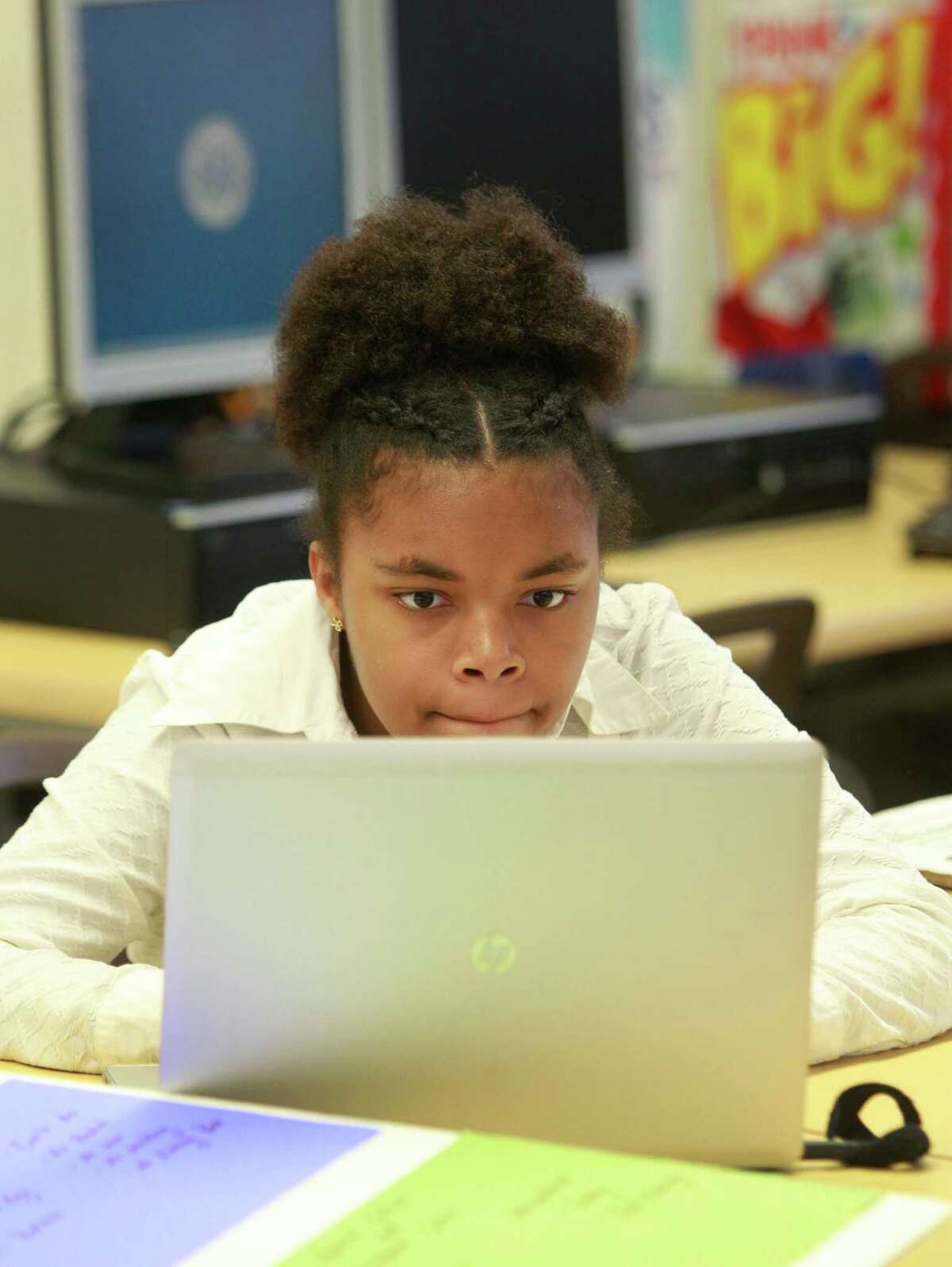 Jasmin Jarmon, 14, work on a project at the Energy Institute High School, 812 W. 28th St., Thursday, Feb. 20, 2014, in Houston. ( Melissa Phillip / Houston Chronicle )