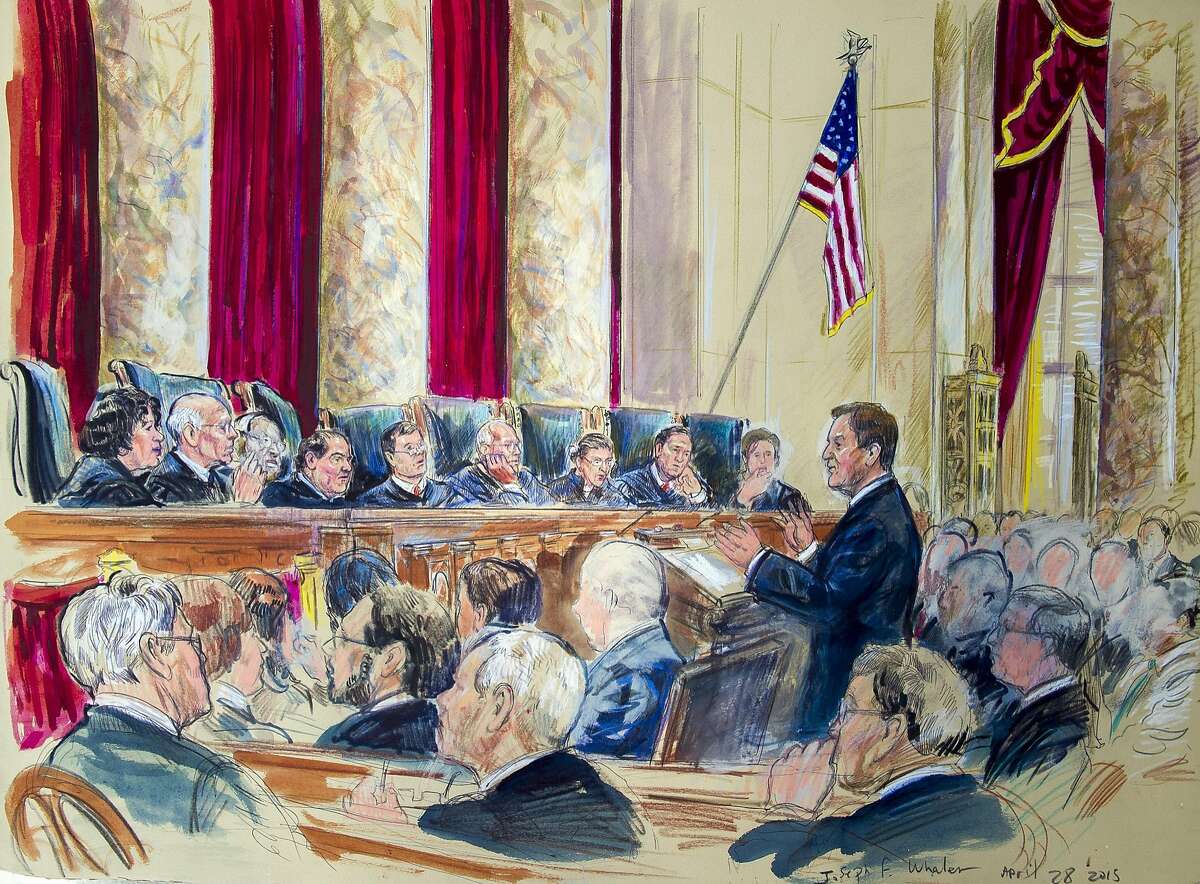 This artist rendering shows Tennessee Associate Solicitor General Joseph Walen arguing before the Supreme Court hearing on same-sex marriage, Tuesday, April 28, 2015, in Washington. Justices, from left are, Sonia Sotomayor, Stephen Breyer, Clarence Thomas, Antonin Scalia, Chief Justice John Roberts, Anthony Kennedy, Ruth Bader Ginsburg, Samuel Alito Jr., and Elena Kagan. (AP Photo/Dana Verkouteren)