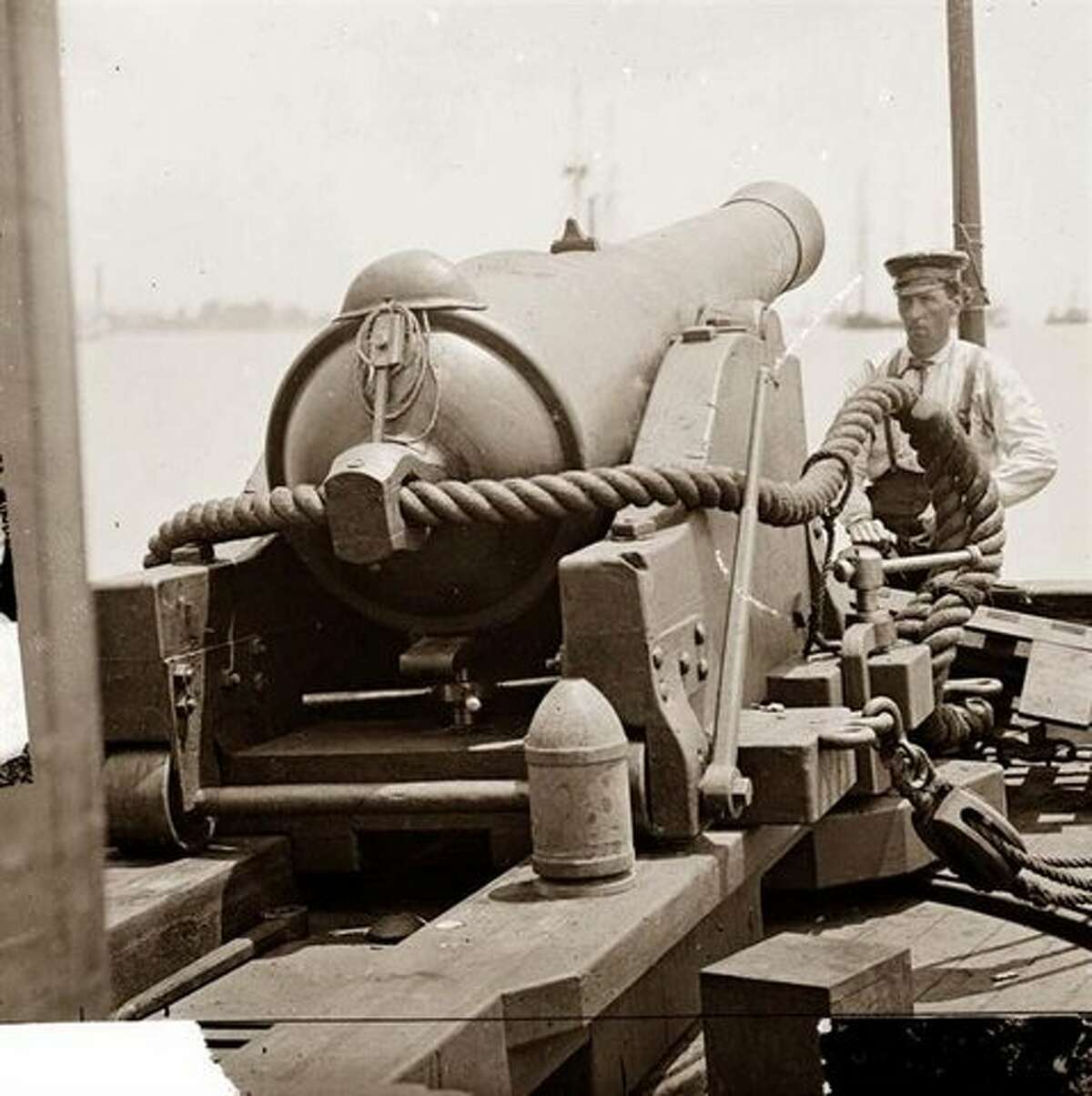 An example of a Civil War era rifle cannon and rigging. An eye hook can be seen in the foreground at right, attached to a line. Eye hooks were used to position the cannon in place prior to firing. Courtesy photo