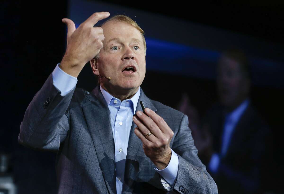 FILE - In this Jan. 7, 2014 file photo, Cisco chairman and CEO John Chambers speaks during a keynote address at the International Consumer Electronics Show, in Las Vegas. Chambers plans to step down after more than 20 years as the CEO of Cisco Systems Inc., the company announced Monday, May 4, 2015. (AP Photo/Julie Jacobson, File)