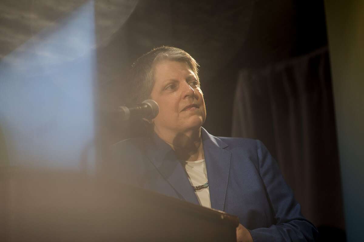 University of California President Janet Napolitano is seen on stage during the inaugural UC Grad Slam at Oakland Marriott City Center in Oakland, Calif. on Monday, May 4, 2015.