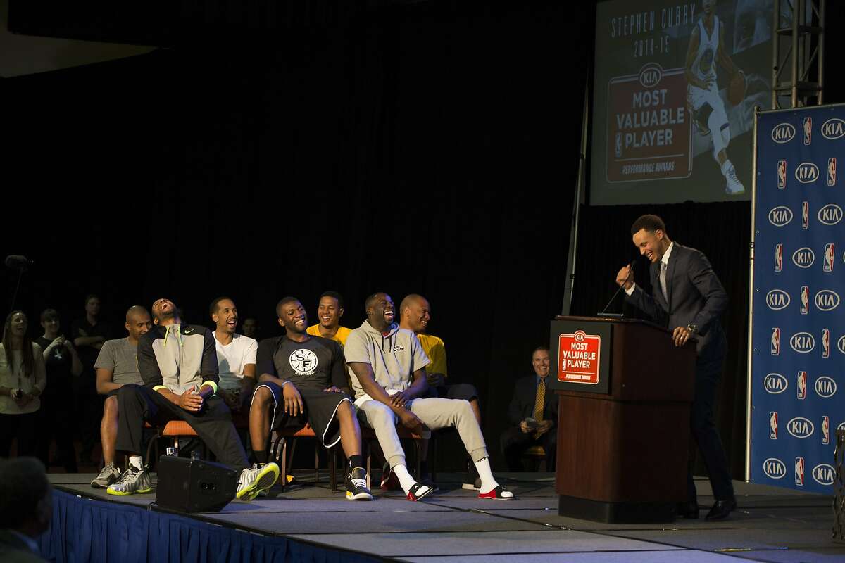 Stephen Curry thanks his teammates while he is presented with the NBA MVP trophy at the Oakland Convention Center in Oakland, Calif. on Monday, May 4, 2015.