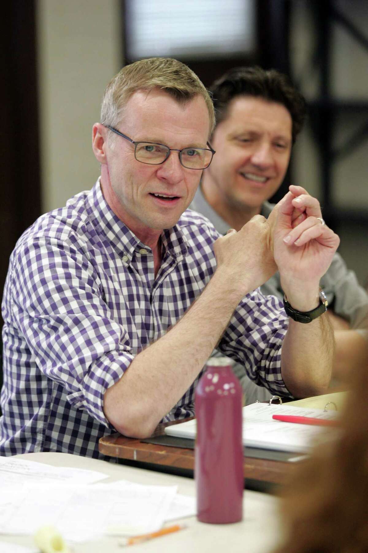 Writer-director Brian Hill (left) and composer-lyricist Neil Bartram oversee a rehearsal of their new musical "The Theory of Relativity" at the Norma Terris Theatre in Chester.