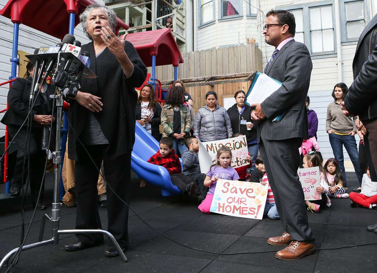 Dr. Estela Garcia, speaks out in favor of the new ordinance calling for a temporary moratorium on construction of market-rate housing in the Mission announced by Supervisor David Campos on Tuesday, May 5, 2015 in San Francisco, Calif.