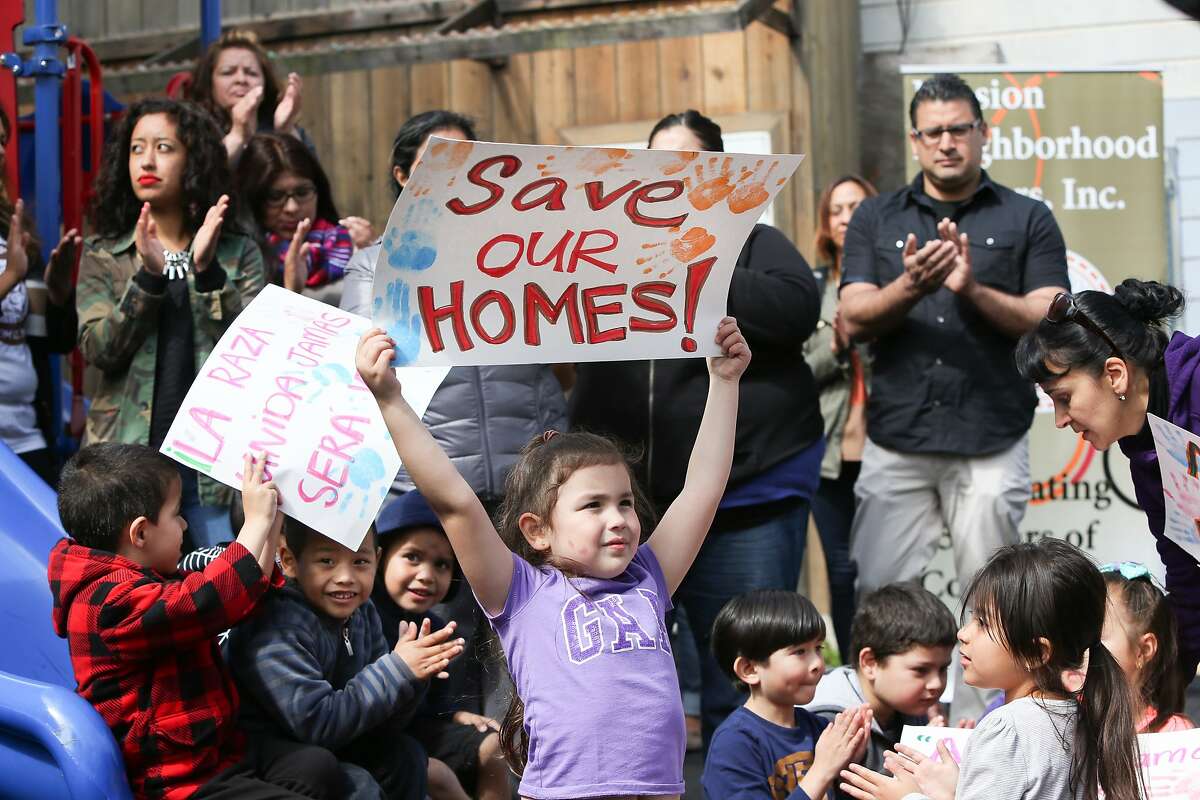 Children from the Mission Neighborhood Head Start Preschool hold signs during the press conference where Supervisor David Campos announced an ordinance calling for a temporary moratorium on construction of market-rate housing in the Mission on Tuesday, May 5, 2015 in San Francisco, Calif.