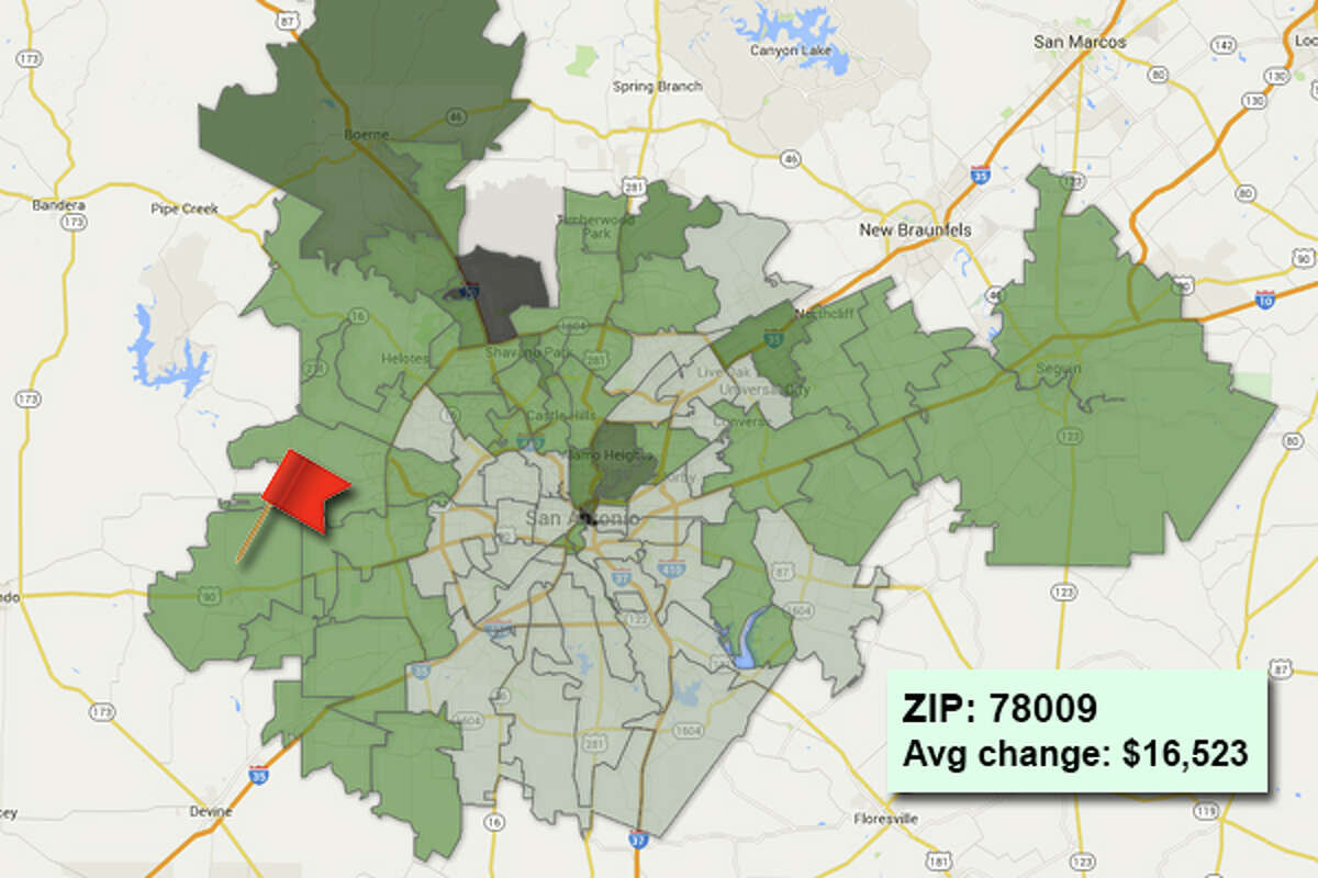 Map Average residential property value increases in Bexar County ZIP